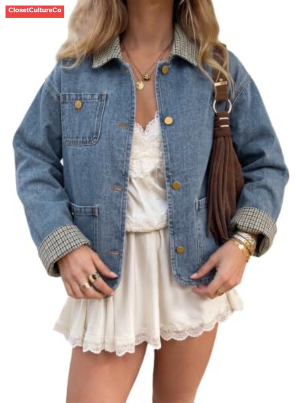 Womens Cropped Denim Jacket Plaid Trim Button Down Jean Coat